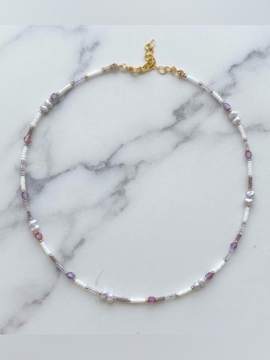 Jewelry - Freshwater Pearl Necklace with purple and white seed beads and gold accent.